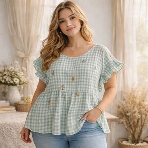 Disney Winnie the Pooh & Friends Gingham Peplum Blouse Green Embroidered Top 3XL